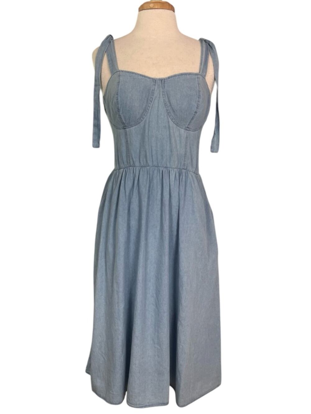Blue Chambray Sun Dress Size Large Fit Flare Cottagecore EuroSummer Nautical